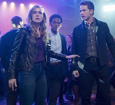 Manifest 2 - From left, Melissa Roxburgh as Michaela Stone, Jared Grimes as Adrian and Josh Dallas as Ben Stone